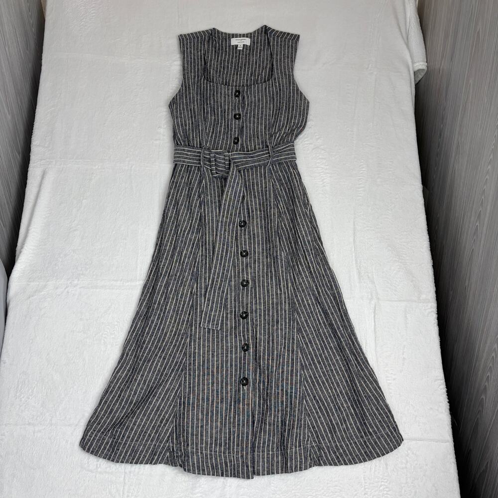 Banana Republic Linen-Blend Button Midi Dress Women's 6 Gray Pinstripe Chic Work